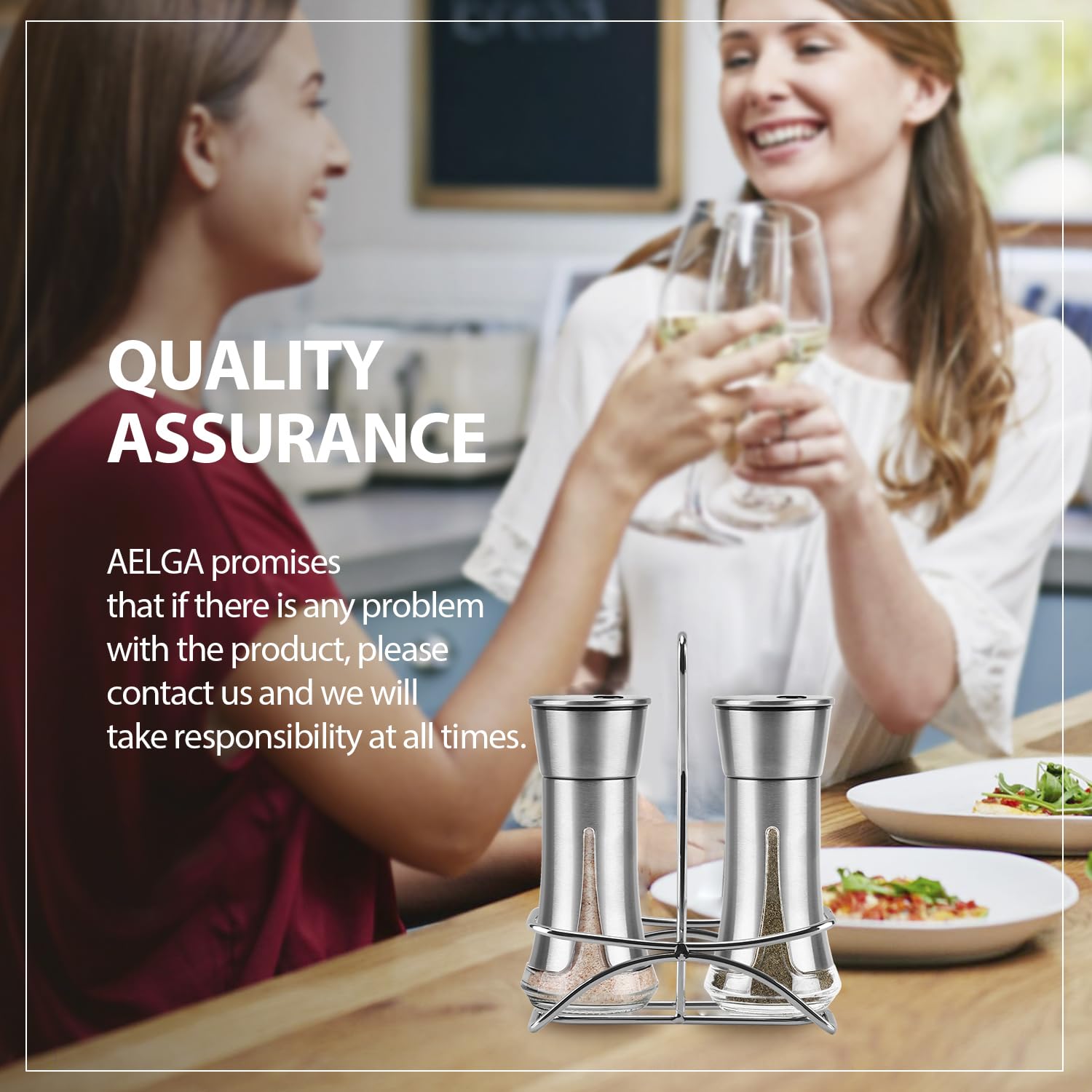 Aelga Salt and Pepper Shakers with Holder, Salt Shaker for the Kitchen with Adjustable Pour Holes for Himalayan, Kosher, and Sea Salts