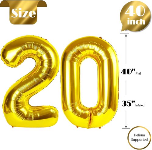Gold Number 20 Balloon - 40 Inch Golden Birthday Decoration for 20th Party Celebrations