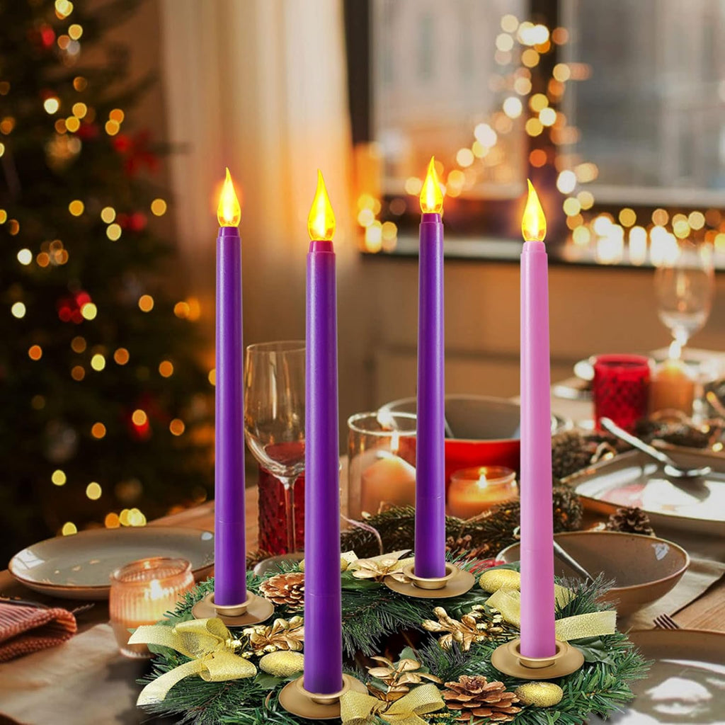 Regine Switzerland Flameless Taper Candles - Set of 4 Battery Operated, Flickering Purple & Pink for Home Decor