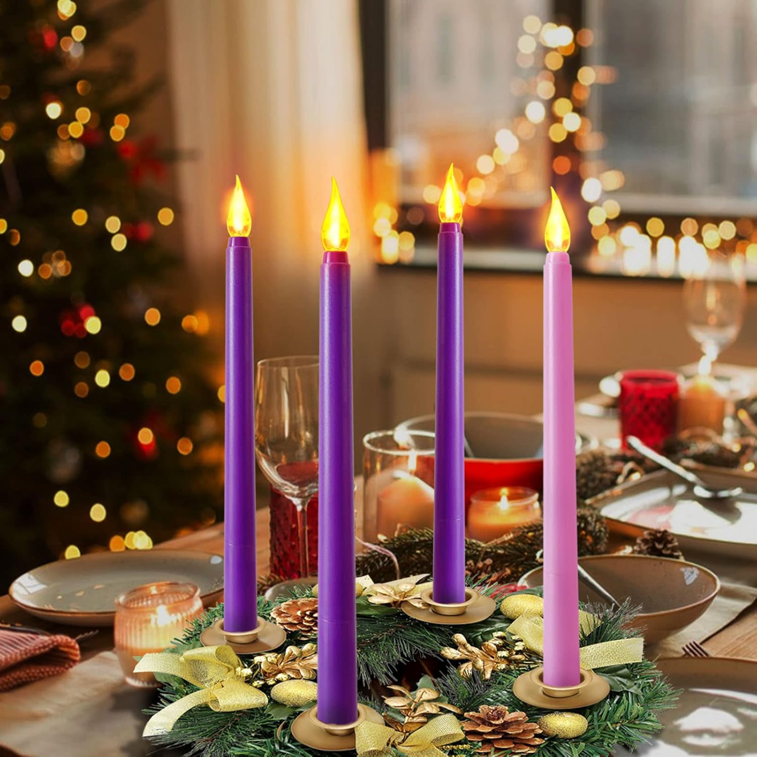 Regine Switzerland Flameless Taper Candles - Set of 4 Battery Operated, Flickering Purple & Pink for Home Decor