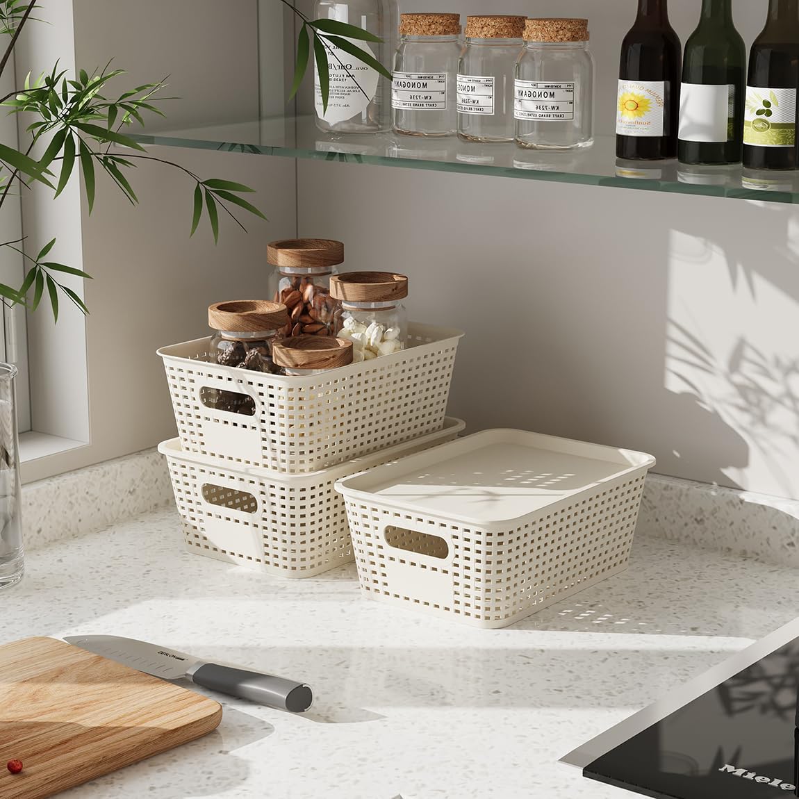 Resze Plastic Storage Baskets - 6 Pack Stackable Organizer Bins with Lids | Space-Saving White Design for Home & Office