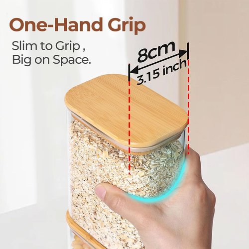 ComSaf Glass Storage Containers - 1.8 Qt Rectangle Jars with Bamboo Lids | Clear Food Storage for Pantry Essentials