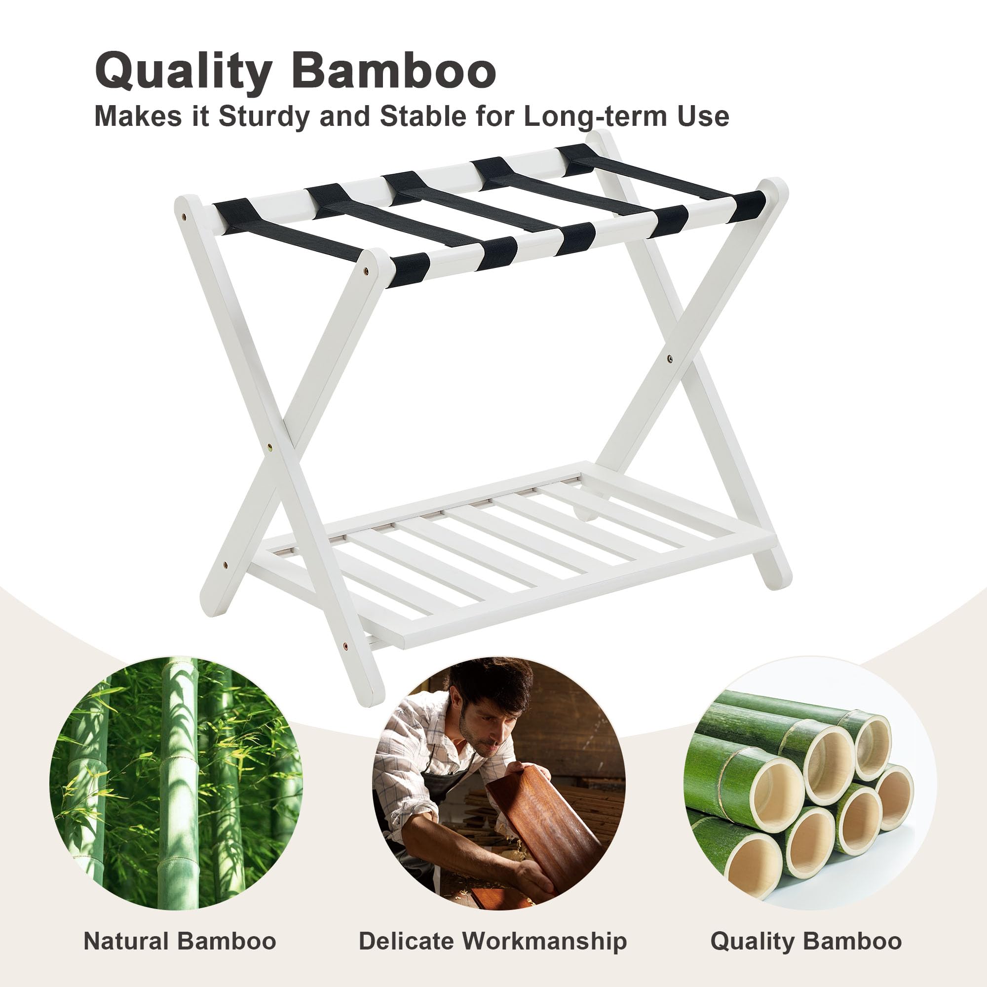 oakvivo Fully Assembled Luggage Racks Pack of 2, Upgraded Bamboo Foldable Suitcase Stand with 5 Nylon Straps, 26.77" Thickened Luggage Stand Holder with Shelf for Guest Room Bedroom Hotel, White