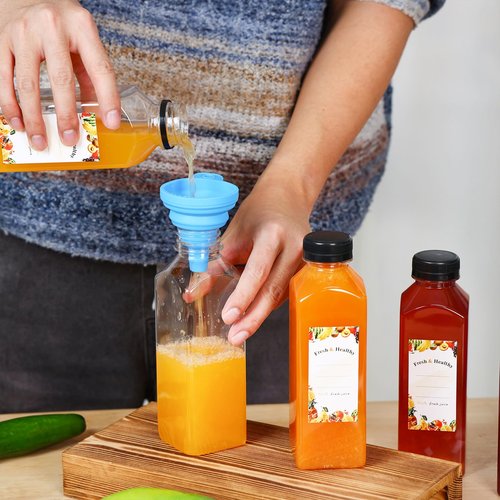 Moretoes 56pcs 16oz Plastic Juice Bottles with Caps, Clear Empty Containers with Brush Funnel and Labels for Coffee Smoothies Ginger and Other Beverages