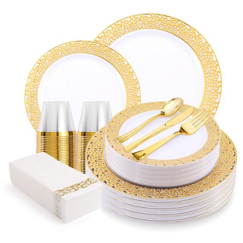 VajilaPhil 350-Piece Gold Hollow Plastic Dinnerware Set for 50 Guests, Disposable Dinnerware for Party, Wedding. Includes Dinner Plates, Dessert Plates, Gold Silverware, Napkins, Cups
