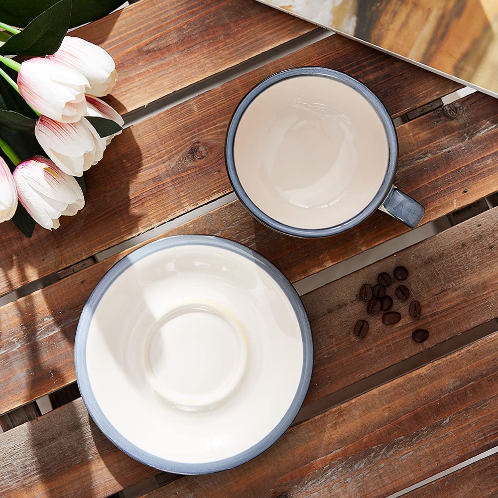 Coffeezone Vintage Design 12 oz Ceramic Latte Art Cappuccino Barista Cup with Saucer (Fog Grey)