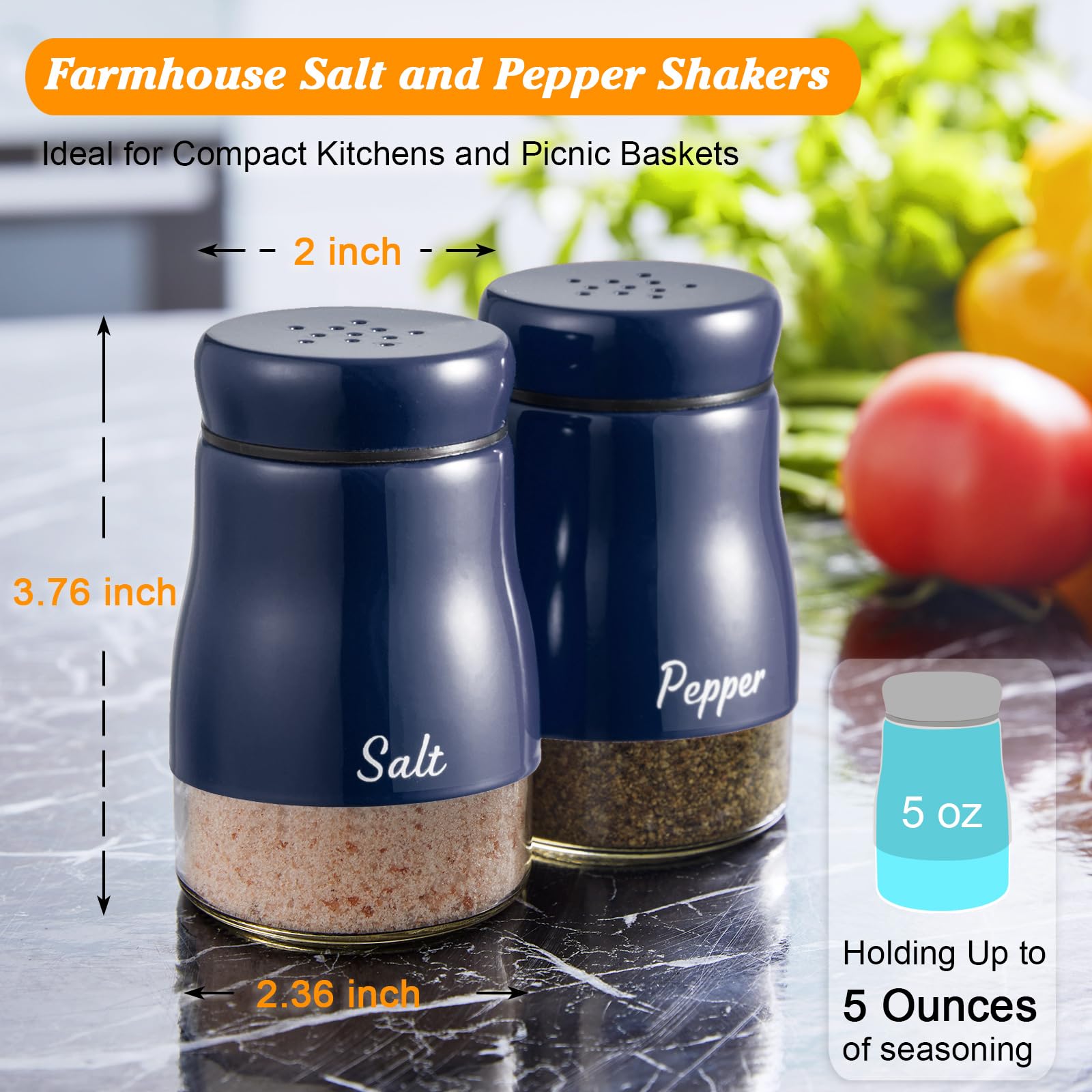 Navy Blue Salt and Pepper Shakers Set, Bivvclaz 5 Ounce Salt and Pepper Dispenser with Glass Bottom, Cute Salt and Pepper Shakers for Blue Kitchen Decor and Accessories