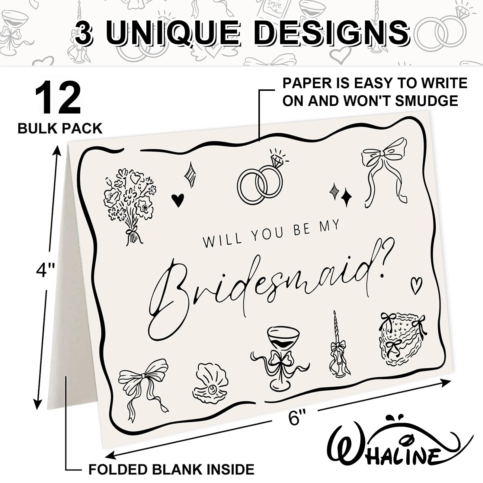Whaline 12 Pcs Bridesmaid Proposal Cards, Black