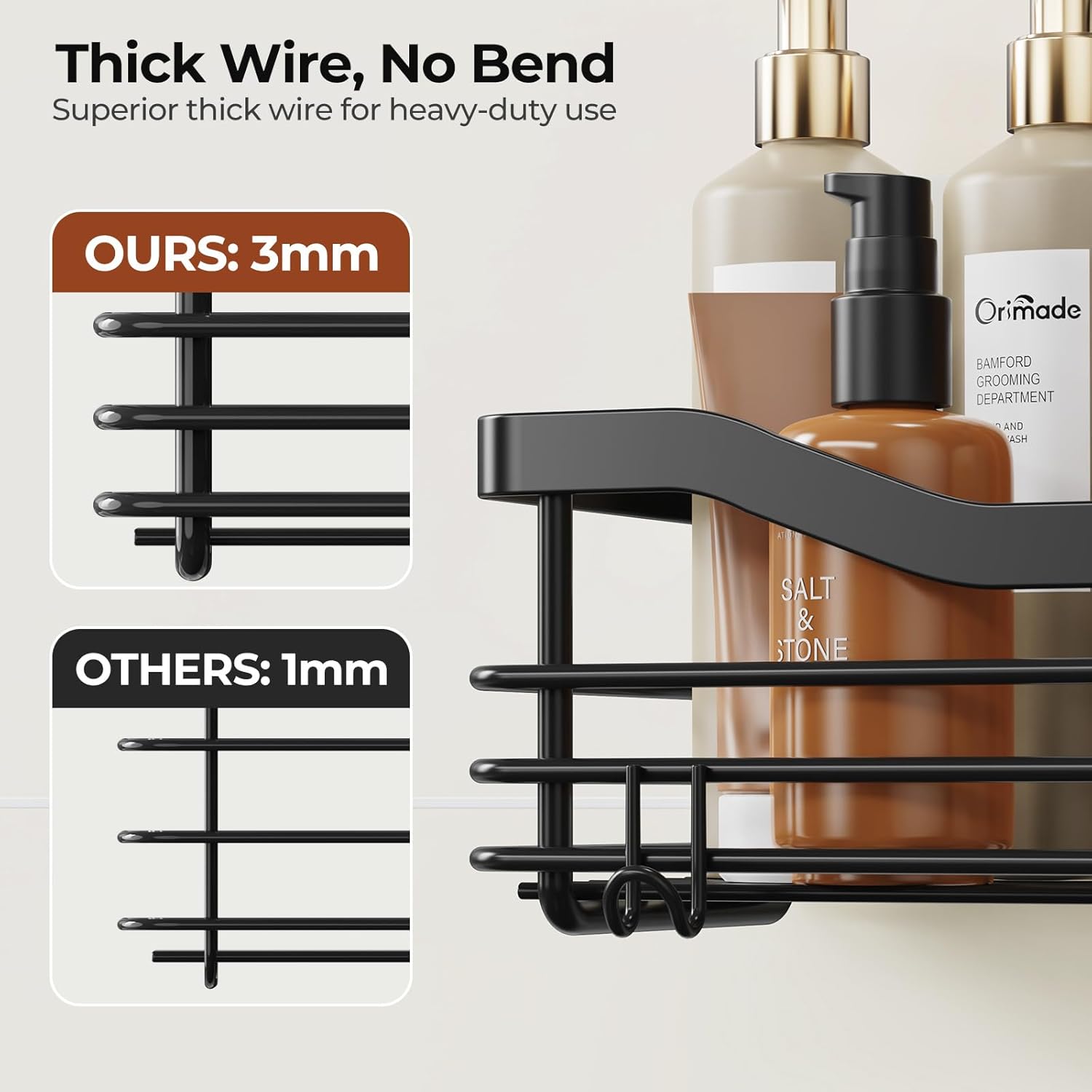 Orimade Shower Caddy Shelf - Rust Resistant Wall-Mounted Organizer with 5 Hooks | 2 Pack, Black
