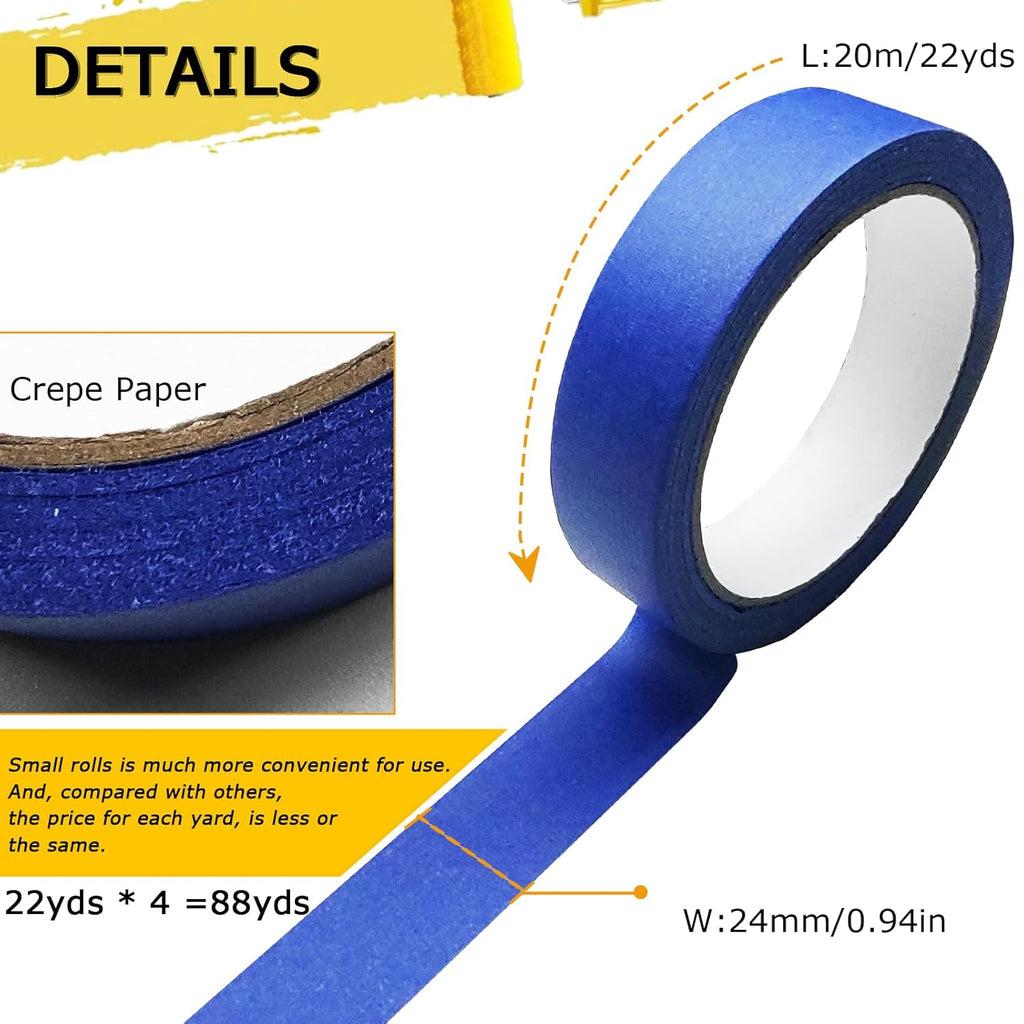Premium Painters Tape by 4 Rolls | Blue Masking Tape for Easy Removal & No Residue | 88 Yards