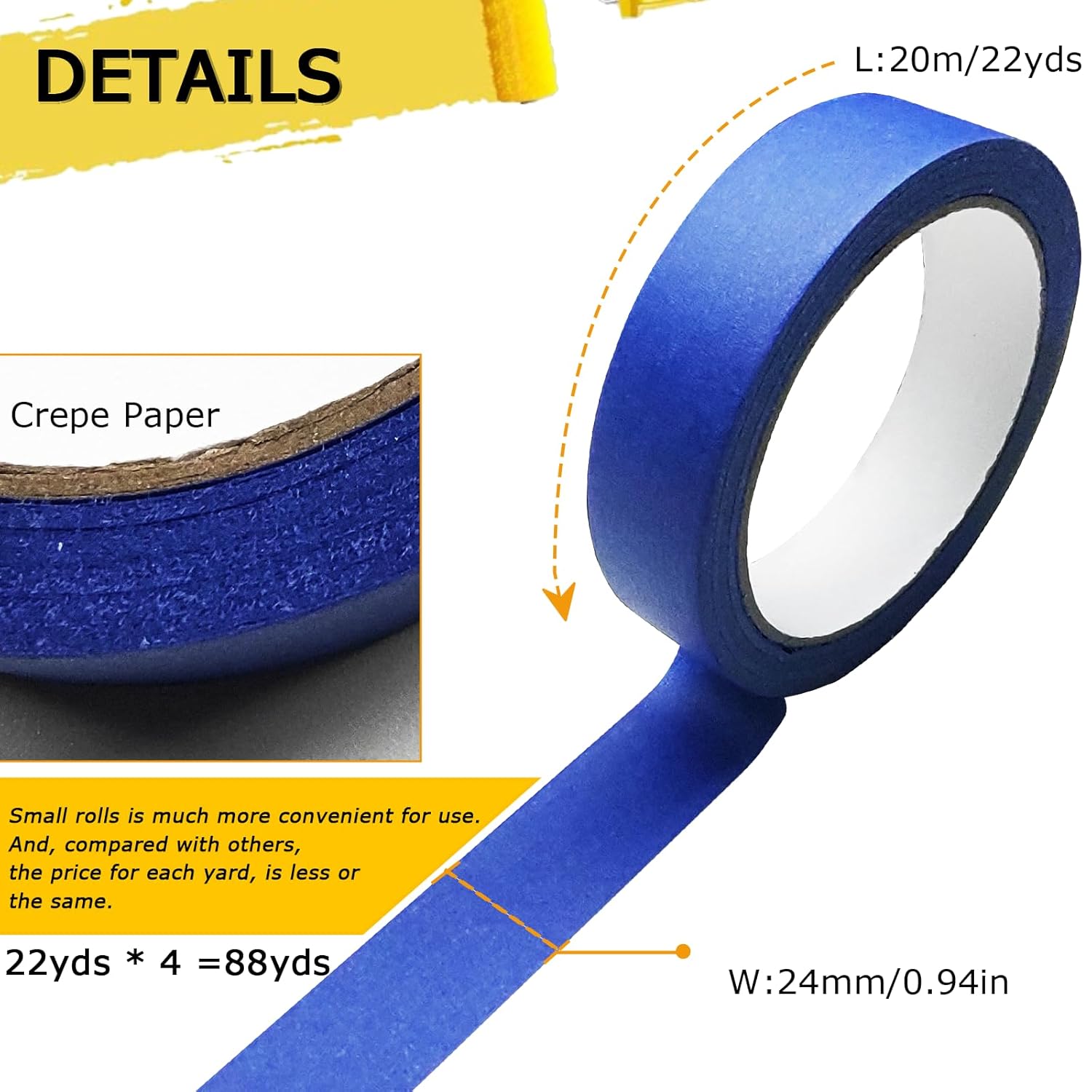 Premium Painters Tape by 4 Rolls | Blue Masking Tape for Easy Removal & No Residue | 88 Yards