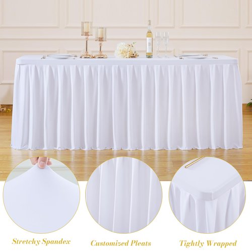 4 Pack White Rectangle Tablecloth 6 FT Stretch Spandex Fitted Table Cloth for 6 Foot Rectangle Tables Banquet Tablecloths Wrinkle Free Table Cover Stitch Ruffle Table Skirt for Party Wedding Birthday