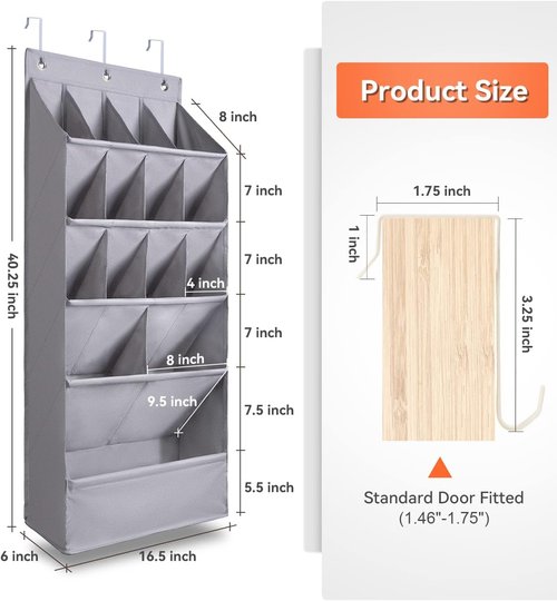 FENTEC Over-The-Door Shoe Organizer - 15 Pocket Hanging Rack for Closet Storage | Gray