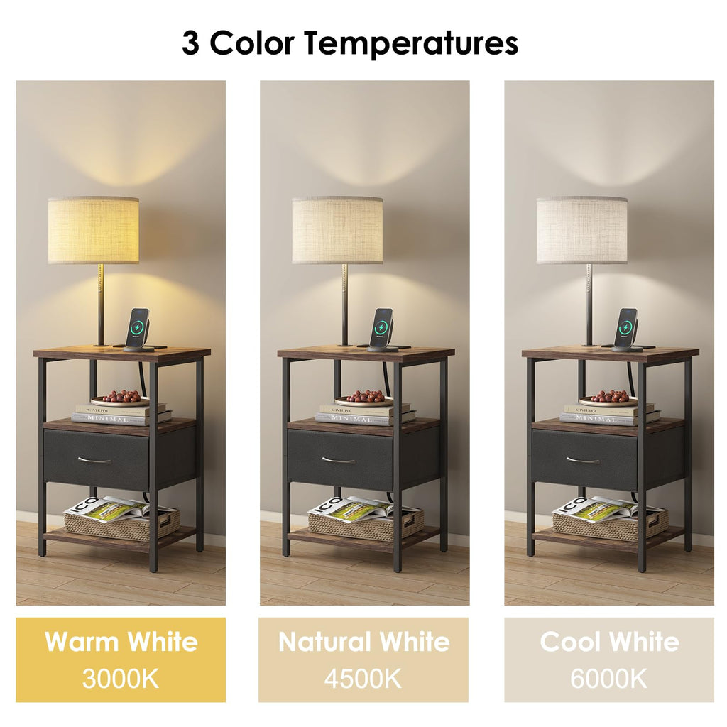Fixwal Nightstand with Lights Bedside Table with 3 Color Temperatures Bulb, Night Stand with Charging Station End Table with Adjustable Fabric Drawer for Bedroom Dorm
