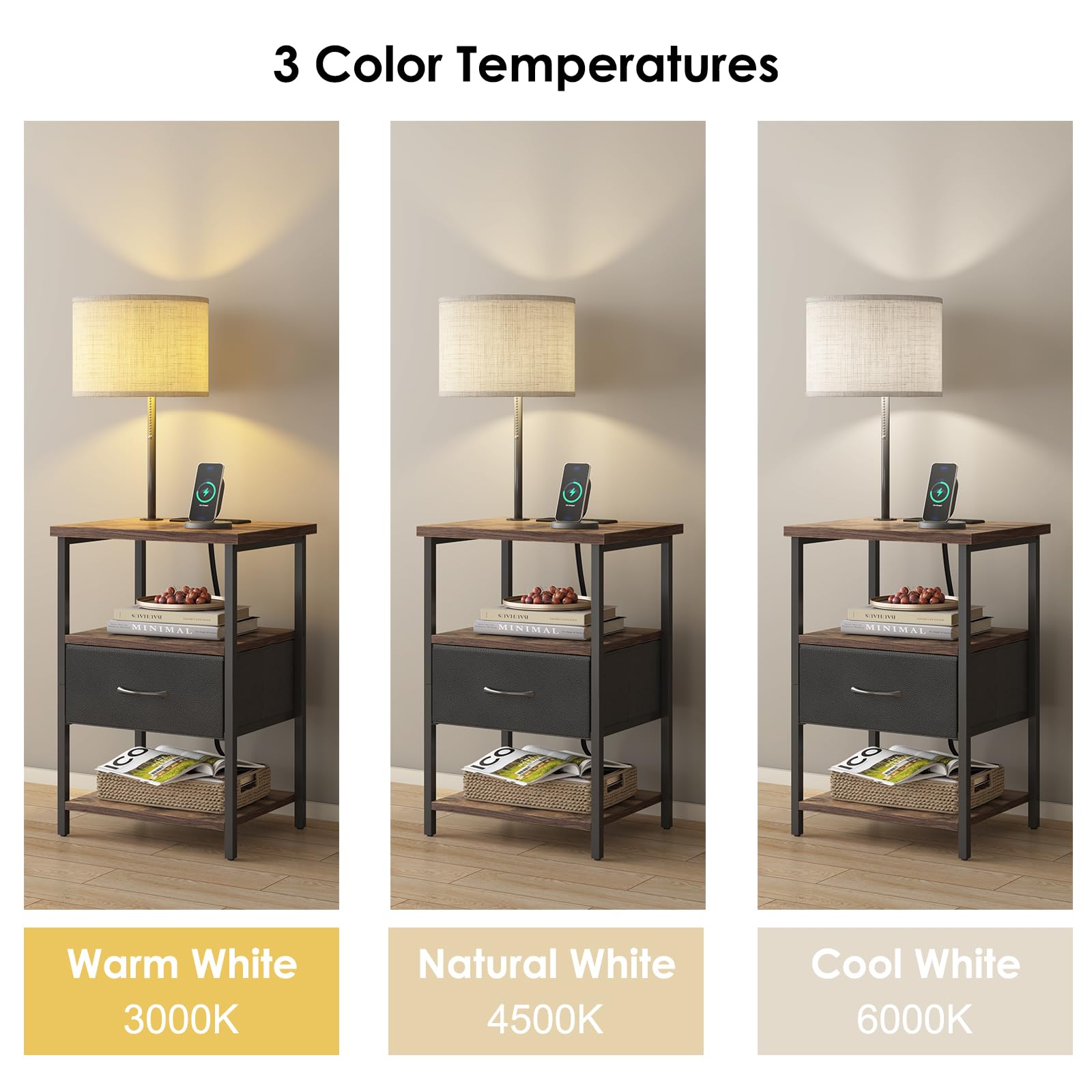 Fixwal Nightstand with Lights Bedside Table with 3 Color Temperatures Bulb, Night Stand with Charging Station End Table with Adjustable Fabric Drawer for Bedroom Dorm