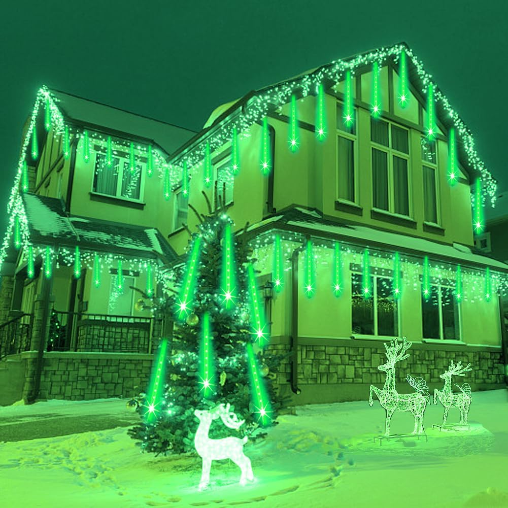 Weepong Meteor Shower Christmas Lights - 192 LED Outdoor Halloween Decorations | 8 Tube Icicle String Lights