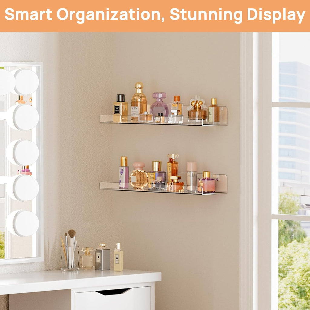 Upsimples Acrylic Floating Shelves - 15” Wall Organizer for Bathroom, Bedroom & Nursery | Clear 2-Pack
