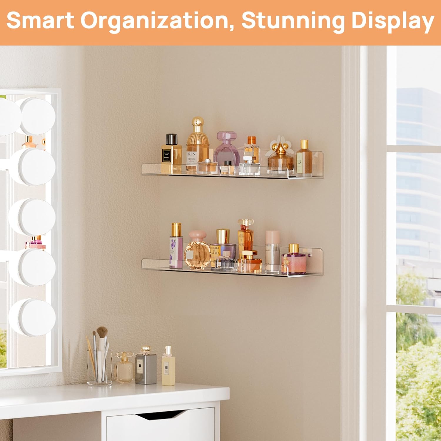 Upsimples Acrylic Floating Shelves - 15” Wall Organizer for Bathroom, Bedroom & Nursery | Clear 2-Pack