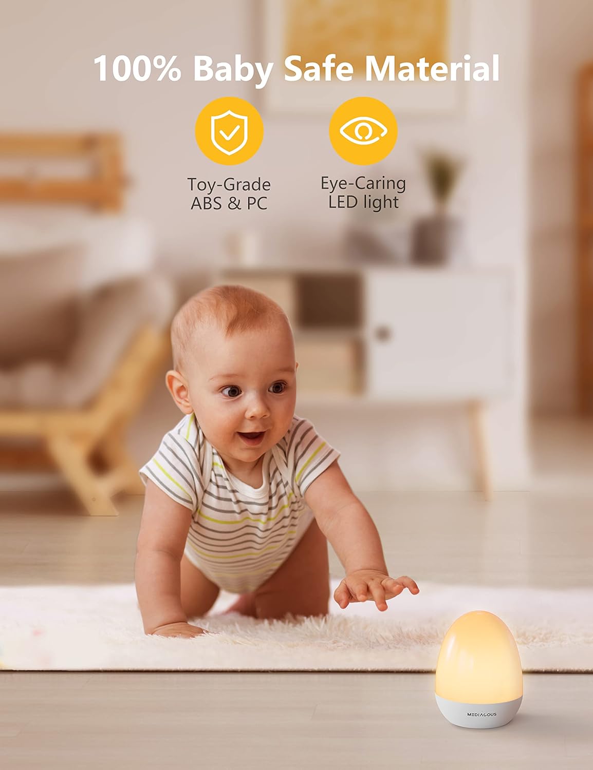 MediAcous Night Light - Dimmable Egg Lamp with Touch Control & Timer | Ideal for Kids' Nursery, 200H Battery Life