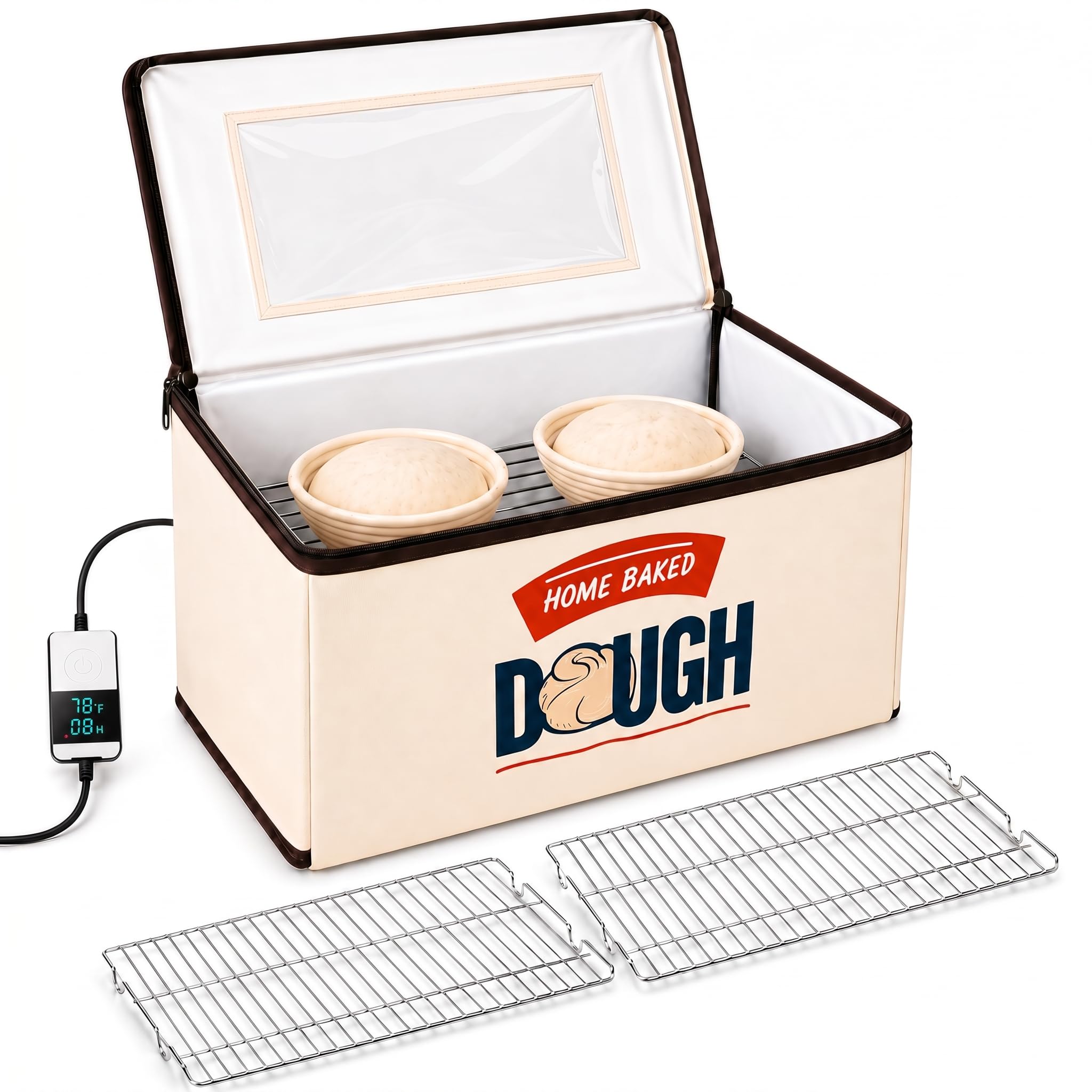 BLUBYEES Folding Bread Proofing Box, 3-Sided Heating with Precise 68-104°F Temp Control, 48H Timer, Family-Size Dough Proofer for 2 Loaves, Sourdough & Pizza Dough