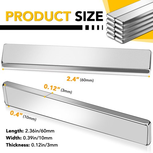 DIYMAG Neodymium Magnets - 6 Pack Heavy-Duty Magnetic Bars with Double-Sided Adhesive | 2.36 x 0.39 x 0.12 in Silver for Fridge, Classroom, Crafts