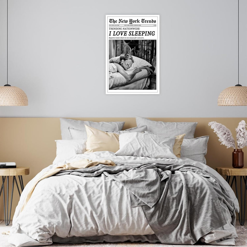Beshdomp Vintage I Love Sleeping Poster - Black & White Newspaper Canvas Wall Art | 12x16in Unframed