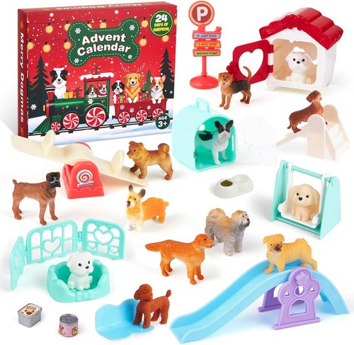 Dog Advent Calendar 2025 | 24-Day Countdown with 12 Dog Figurines & Playground Accessories for Kids