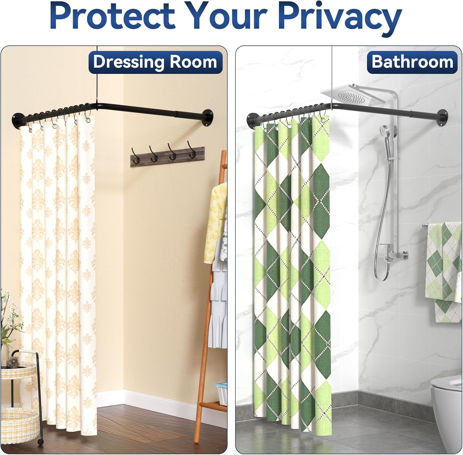 Skiennix L-Shaped Shower Curtain Rod - Adjustable 23''-69'' | Durable 304 Stainless Steel, Black