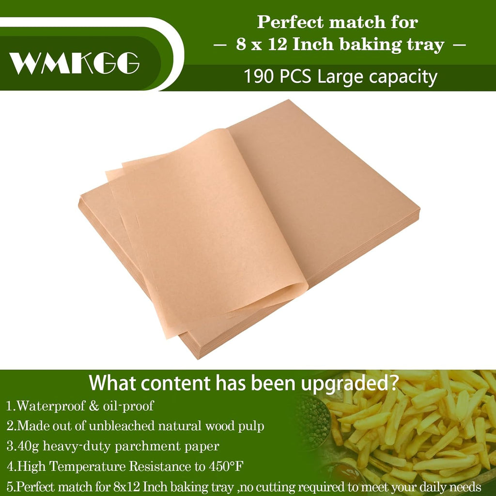WMKGG Parchment Paper Sheets - 190 PCS Non-Stick Precut Baking Paper for Air Frying & Grilling | 8x12 Inches