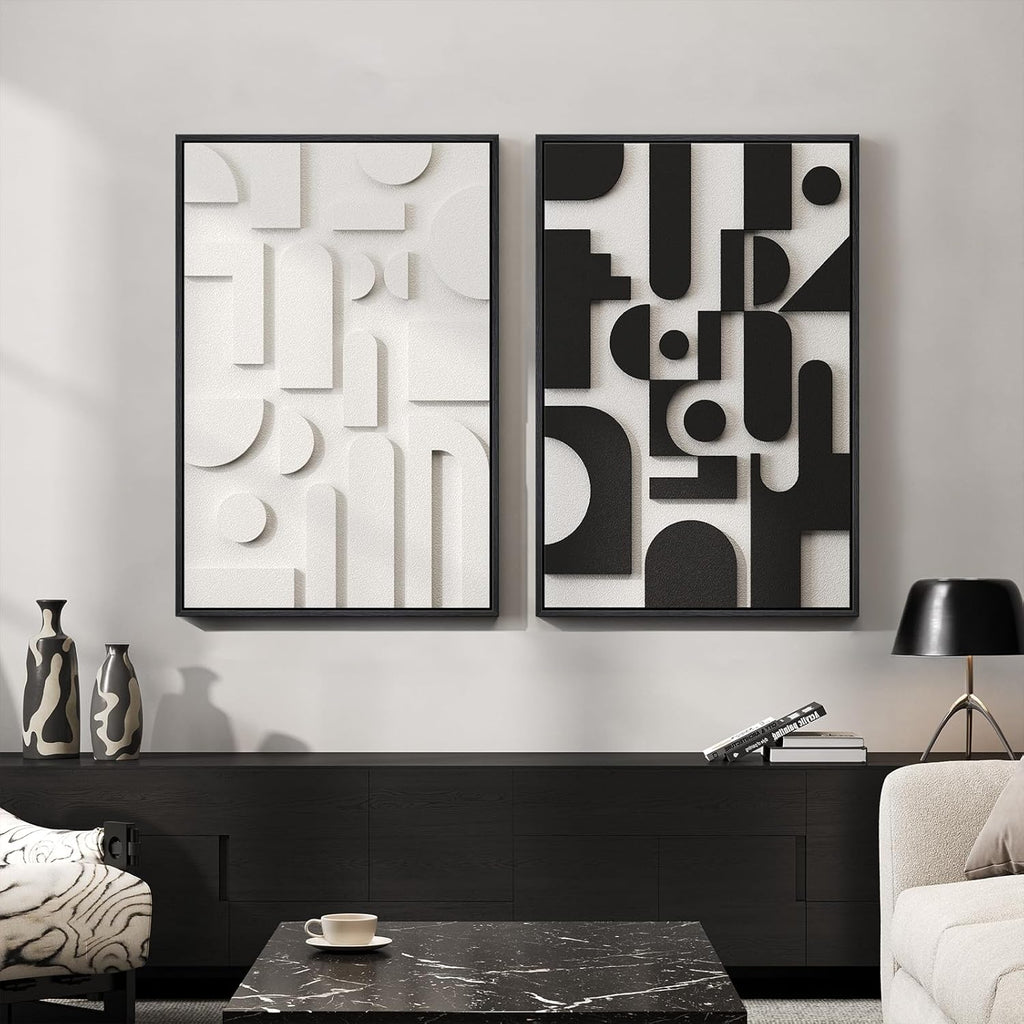 Skiennix Large 3D Textured Black and White Abstract Wall Art - Set of 2 Modern Paintings | 24x36 In Minimalist Decor