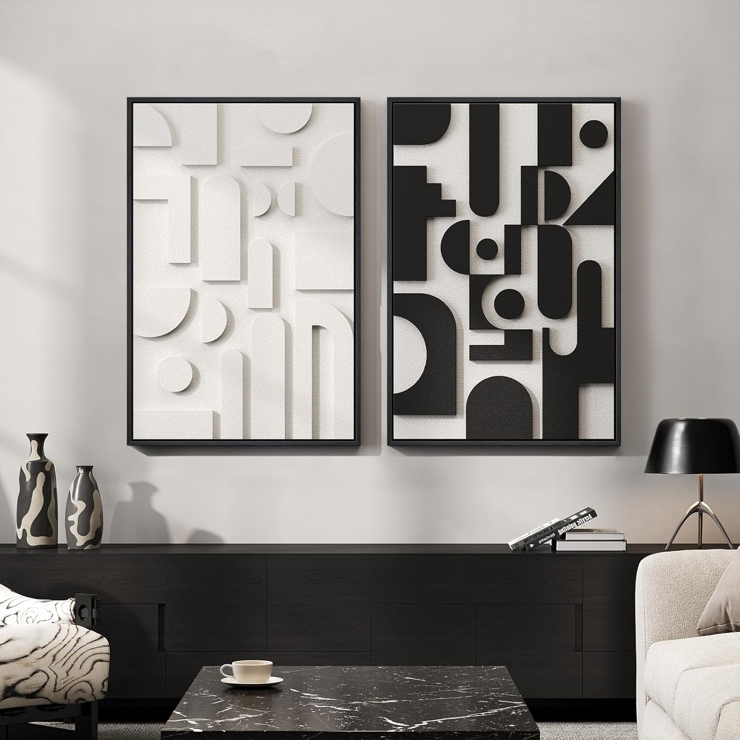 Skiennix Large 3D Textured Black and White Abstract Wall Art - Set of 2 Modern Paintings | 24x36 In Minimalist Decor