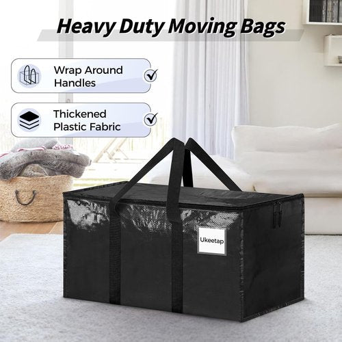 Heavy Duty Moving Bags by 8 Pack - Extra Large Storage Bins with Lids & Reinforced Handles - Black