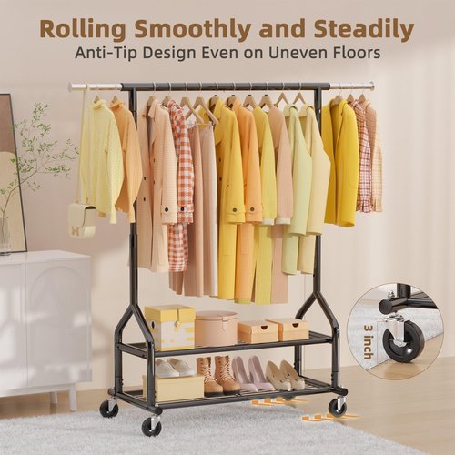 EAGMAK Heavy Duty Clothes Rack - Adjustable Rolling Wardrobe Organizer with Shelves | 556 LBS Capacity, Black