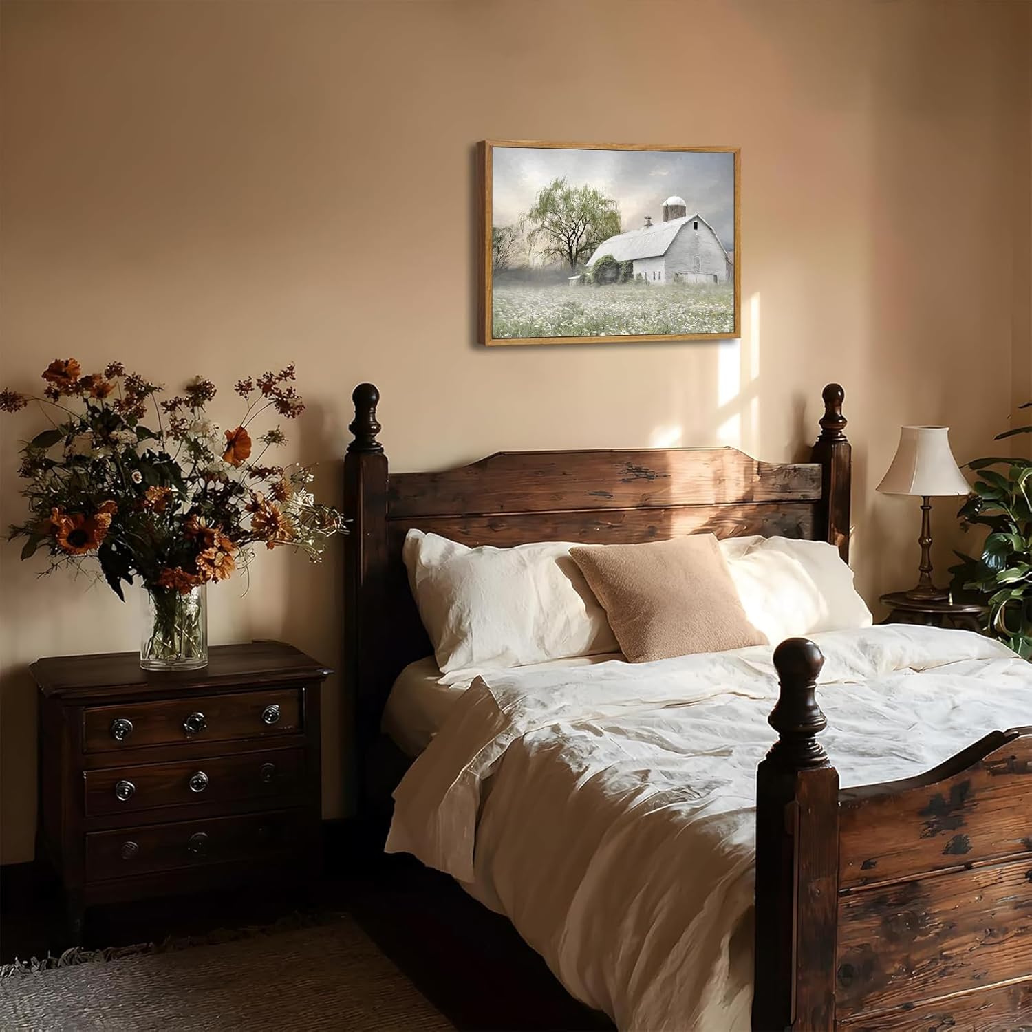 Skiennix Rustic Farmhouse Canvas Wall Art - White Barn Wildflower Landscape Painting | 16x12 in for Bedroom & Living Room Decor