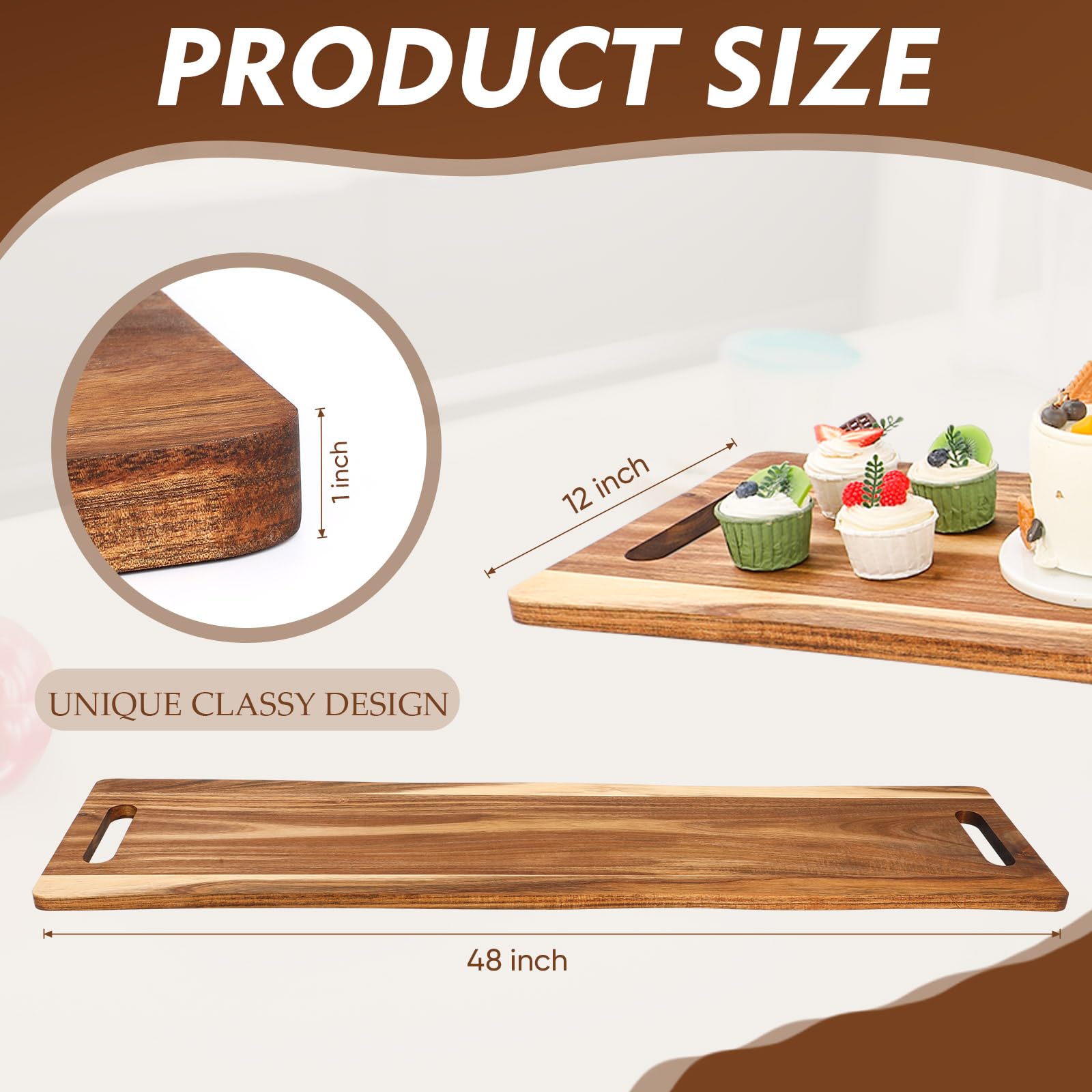 Baderke Large Charcuterie Board with Handles 48 x 12 Inch Rectangular Wood Serving Board Acacia Serving Tray Long Cheese Platter for Meat Food Party Appetizers Fruits Display Kitchen Outdoor Use
