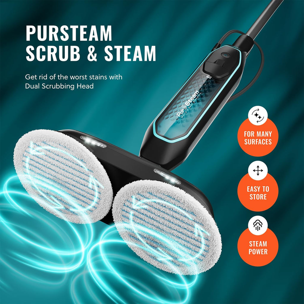 Pursteam | ScrubMaster Steam Mop - Dual Scrubbing Head, LED Lights & Adjustable Steam Control