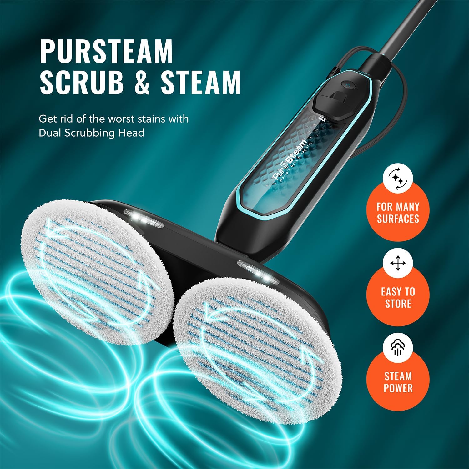 Pursteam | ScrubMaster Steam Mop - Dual Scrubbing Head, LED Lights & Adjustable Steam Control