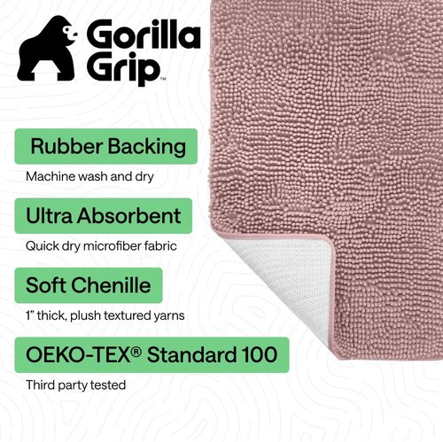 GORILLA GRIP Bath Rug Mat - Soft Absorbent Chenille | Quick Dry Microfiber, 60x24, Dusty Rose