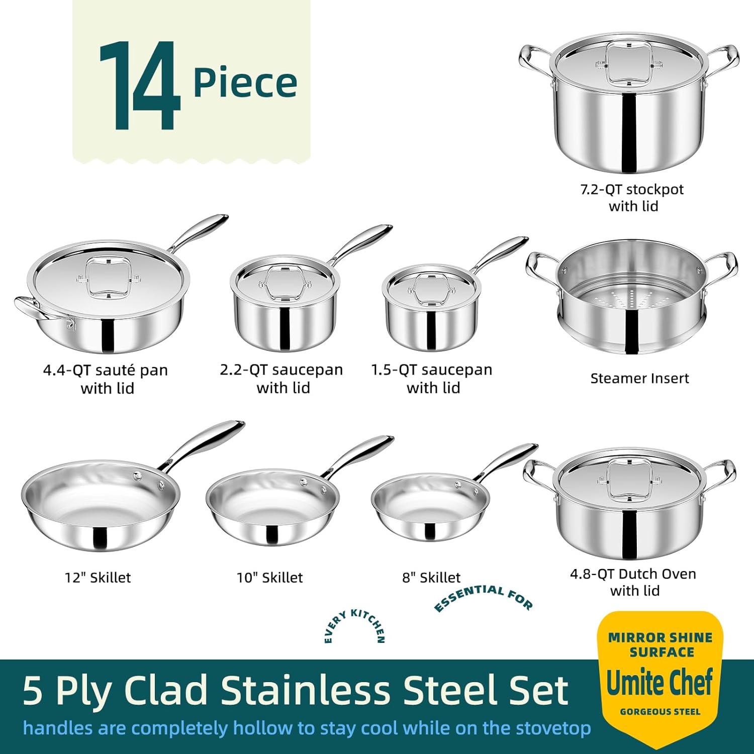 Umite Chef Stainless Steel Cookware Set - 14 Piece Induction-Ready, Heavy-Duty & Oven Safe | Professional Quality, PFOA-Free