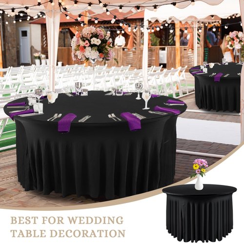 Preboun 6 Pack 4 Ft/ 48 Inch Spandex Round Tablecloths Wrinkle Free Stretchy Round Table Clothes for Table Tablecloth with Skirt for Party Wedding Home Decoration Parties Banquet (Black)