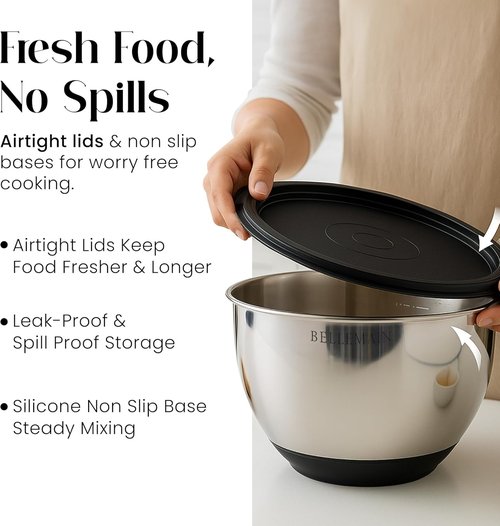 Bellemain Mixing Bowls Set - Stainless Steel Bowls with Airtight Lids | 3-Piece Food Storage Containers