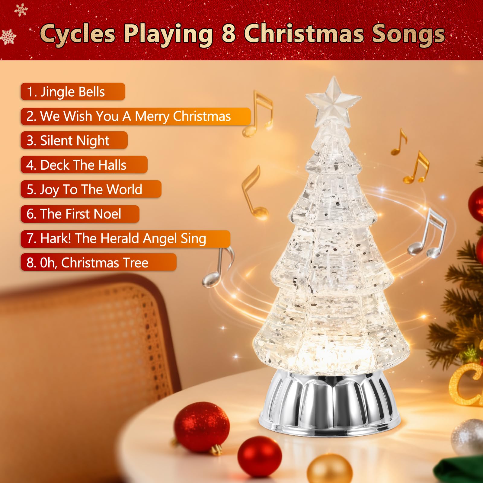 Christmas Tree Snow Globe Lantern with Warm Light 6H Timer Water Snow Globe Lantern USB & Battery Operated for Christmas Festival Decorations Gifts (Silver Tree)
