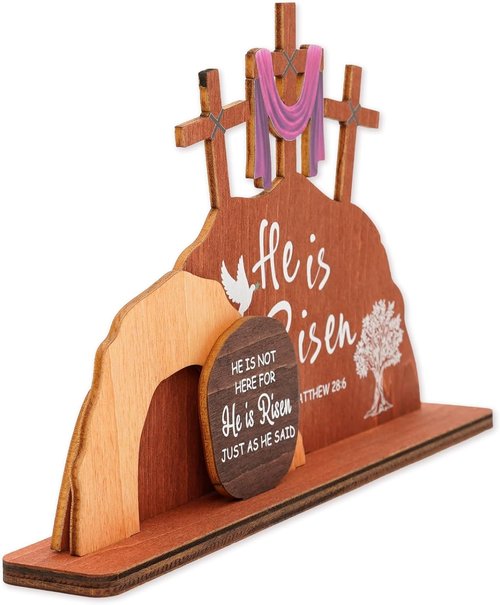 Alcarin He Is Risen Easter Decor - Wooden Resurrection Scene with Cross & Figurines | Christian Tabletop Decoration