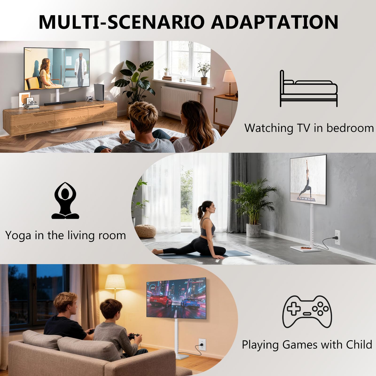 WALI Floor TV Stand with Power Outlet, Tall TV Stand Mount for 32-75 inch TVs up to 110 lbs, Swivel and Height Adjustable TV Stands with Wood Base for Bedroom, Office(TVDVD-7PW), White
