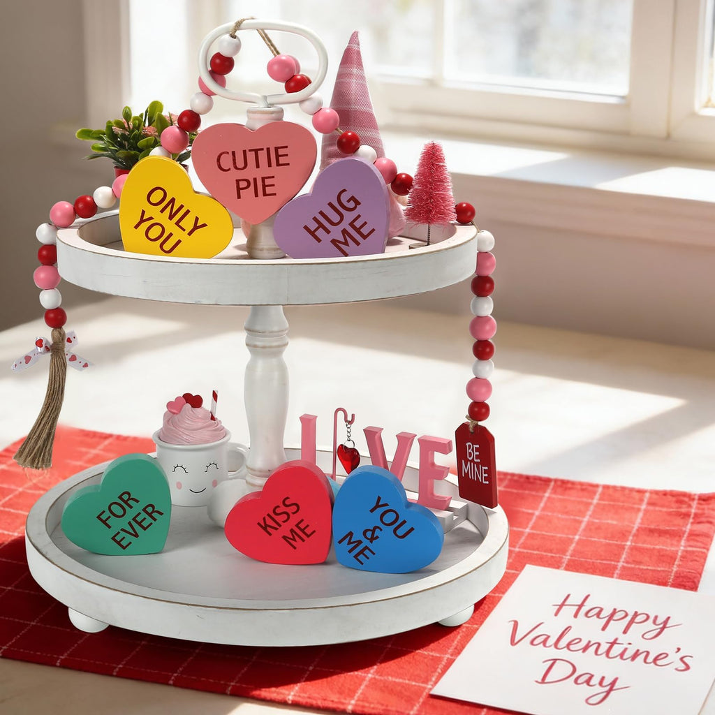 Valentines Day Decorations, 6 PCS Double-sided Wooden Valentine's Conversation Hearts for Tiered Tray Shelf Mantel Office Decor Freestanding Tabletop Wood Block Sweet Sayings for Home Decor Wedding