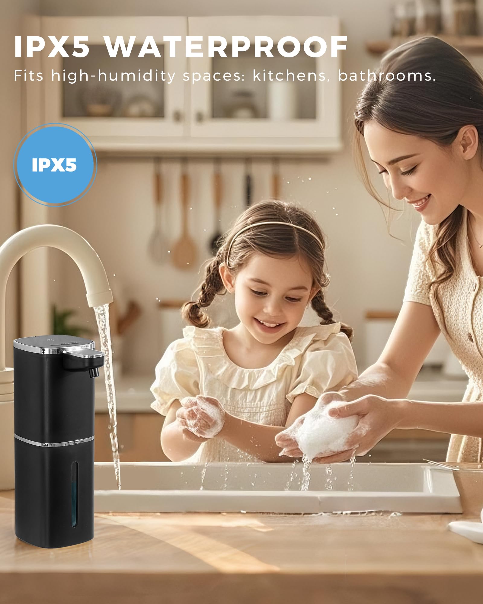 Automatic Liquid Soap Dispenser, 13.5oz/400mL, USB Rechargeable, 9-Level Adjustable, IPX5 Waterproof, Touchless & Wall/Tabletop, Compatible with Thick Thin Dish Soap for Kitchen Bathroom, Black