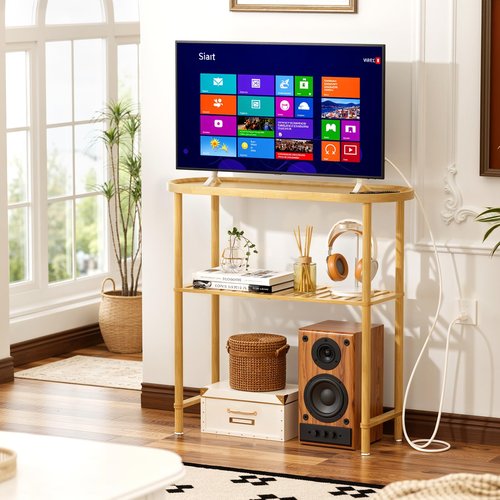 Small Entryway Table Bamboo 30.7", Narrow Hallway Table Oval Top 2-tier, Slim Console Table with Anti-fall Edge, Sofa Side Table 5min Easy Assembly, Small TV Stand for Bedroom, Indoor Plant Stand