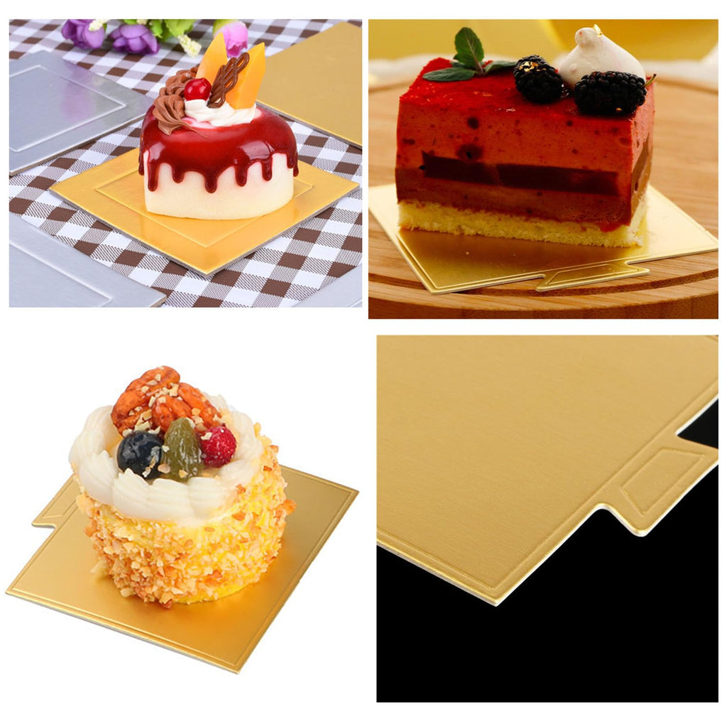 100pcs Mini Golden Cake Boards Round and Square Mousse Cupcake Base Paper Plates Dessert Board Circle Base for Cake DIY, Baking Dessert Party Wedding Birthday