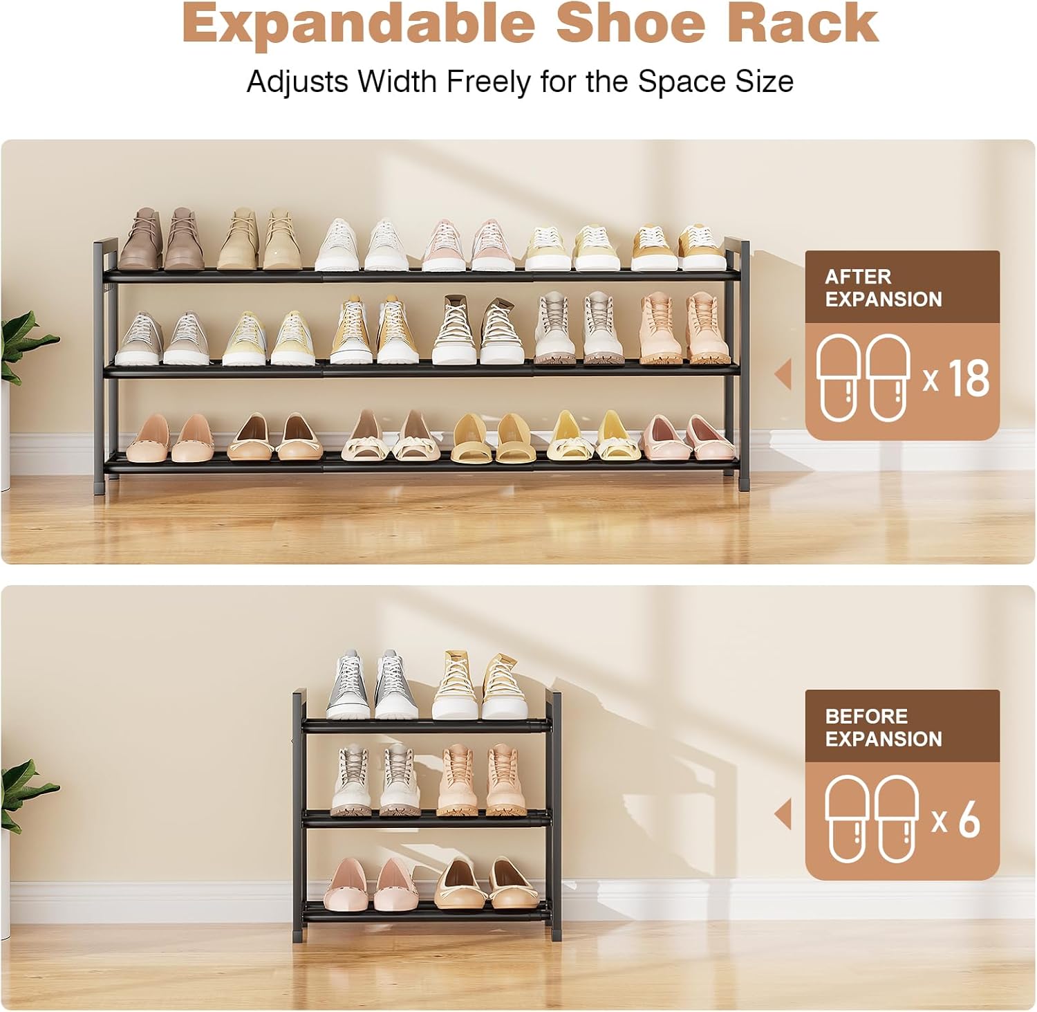 Skiennix Expandable Shoe Rack - Adjustable 3-Tier Organizer for 18 Pairs | Sturdy Metal Storage in Black