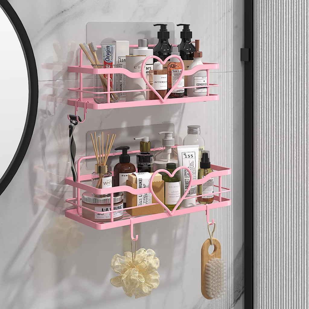 Skiennix Pink Shower Caddy - 4 Removable Hooks & No-Drill Adhesive Organizer | 2-Pack Shelves for Bathroom & Kitchen